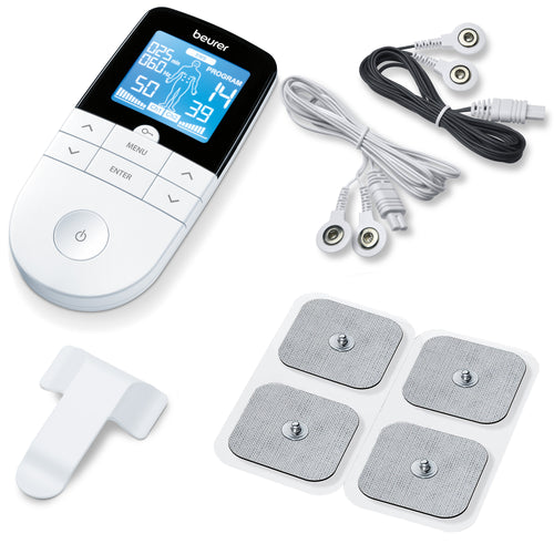 Beurer EM44 TENS Unit Muscle Stimulator with 50 Intensity Levels for Muscle  Pain Relief, Includes 4 Electrode TENS Pads, Belt Clip, and Batteries with